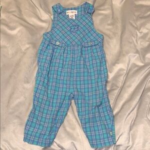 Gymboree vintage girls blue purple plaid overalls snaps embroidered 12 18 mo